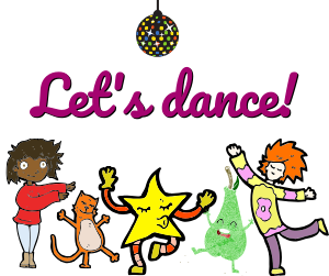 Children dancing under a disco ball with the text Let's dance!