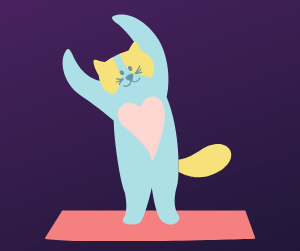 A cat standing on a yoga mat, stretching up and to the side on a dark purple background