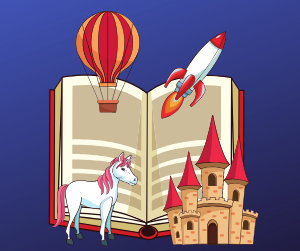 An open book surrounded by a unicorn, a castle, a hot air balloon, and a rocket all on a dark blue background