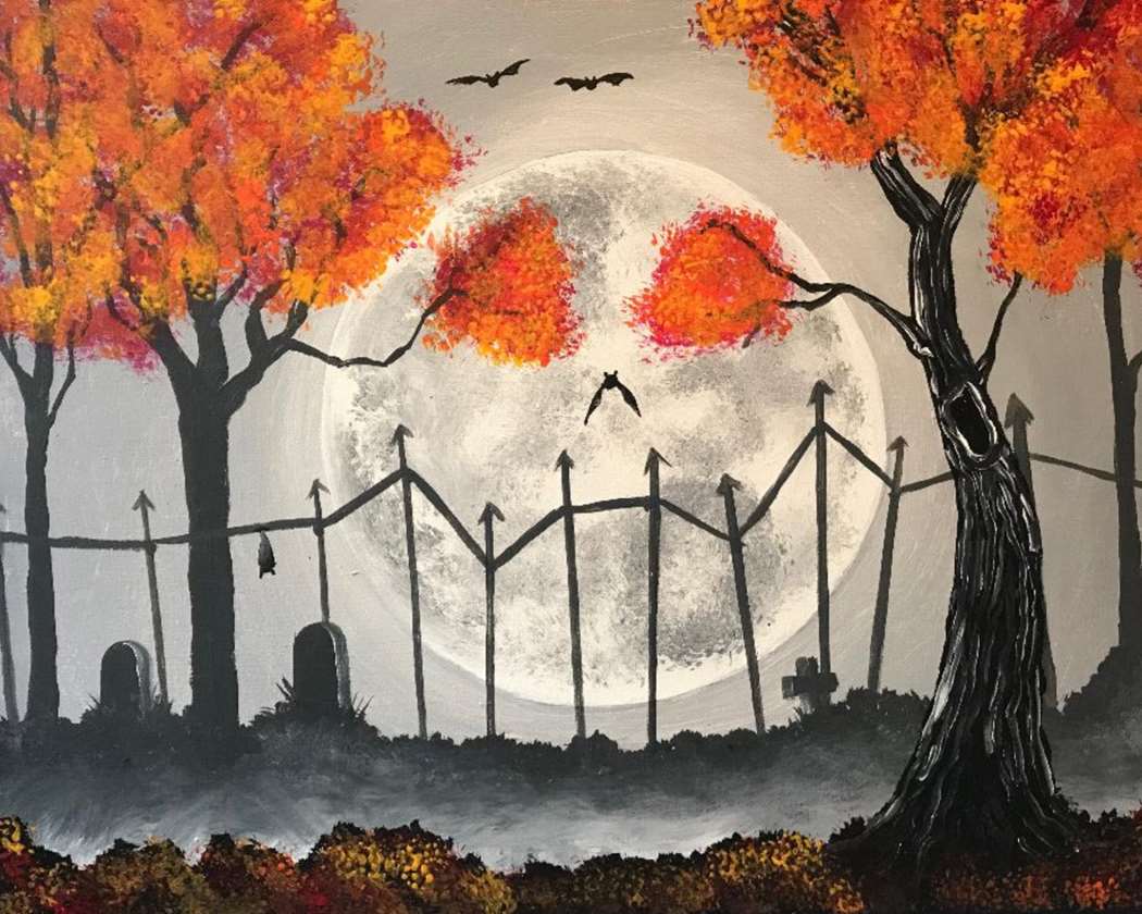 Painting of a moon behind an iron fence and trees with orange leaves