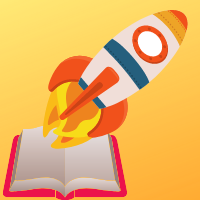 A rocket ship coming out of an open book overlayed on a yellow background
