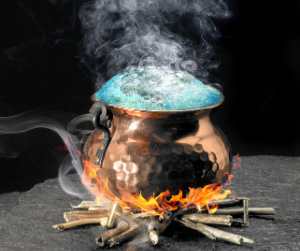 a steaming copper cauldron