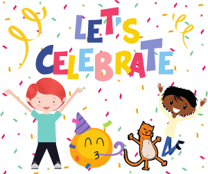 two children, a cat, and a celebrate emoji over a confetti background with the words Let's Celebrate