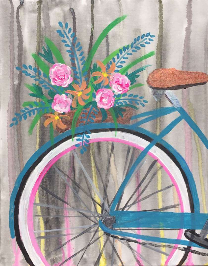 painting of a bicycle in front of a fence with flowers