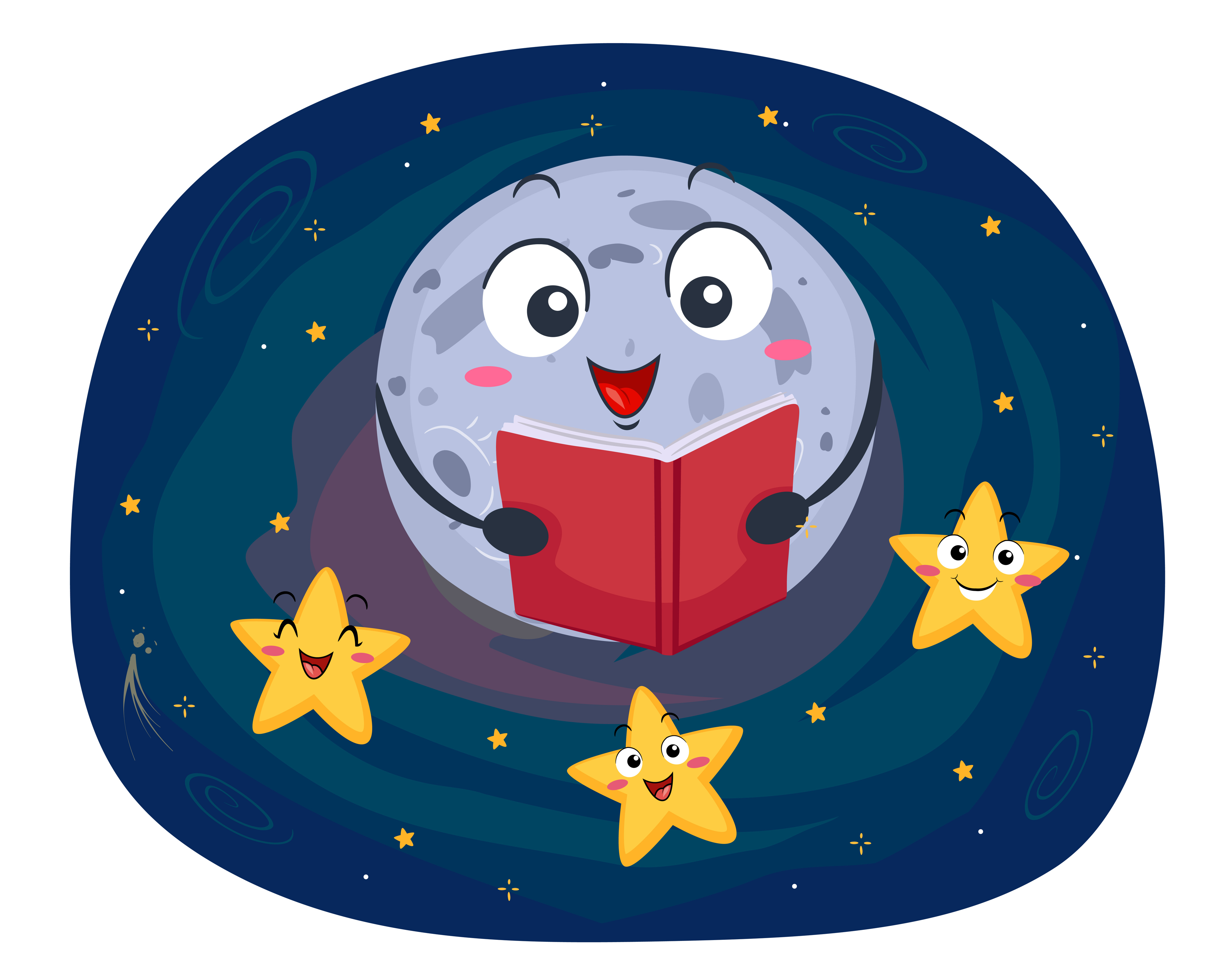 Illustration of a moon reading to a group of little happy stars