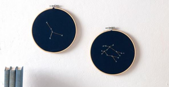 A needlework hoop hung on a wall with a constellation embroidered on dark cloth