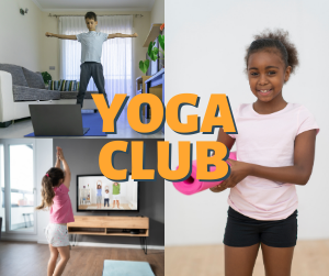 Kids doing yoga at home with text yoga club