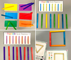 Colorful popsicle stick matching, patterns, and shapes activities