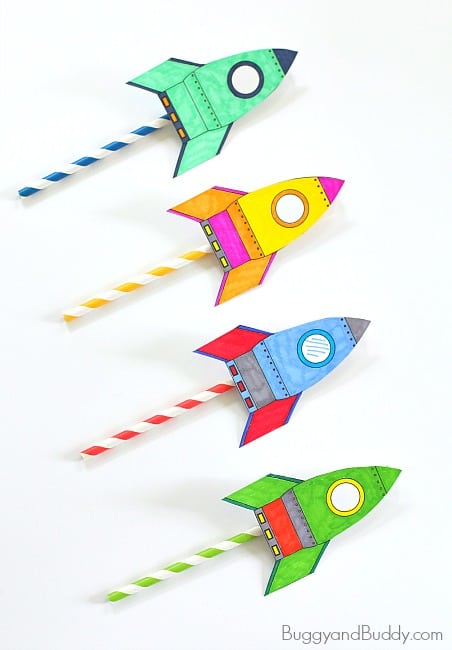 Four straw rockets for children to make.
