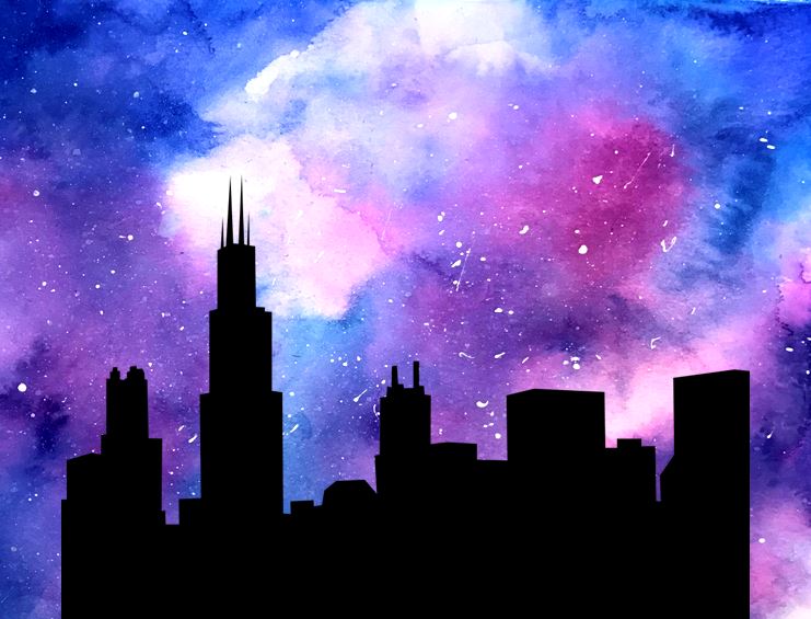 Chicago skyline with colorful sky