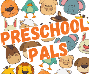 cartoon animals in the background, orange text that reads "preschool pals"