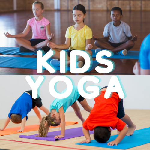 Photos of kids in a seated meditation and kids in Downward Facing Dog pose, with the words Kids Yoga over the photos.