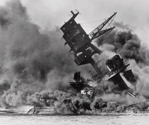 A ship sinks at the battle of Pearl Harbor