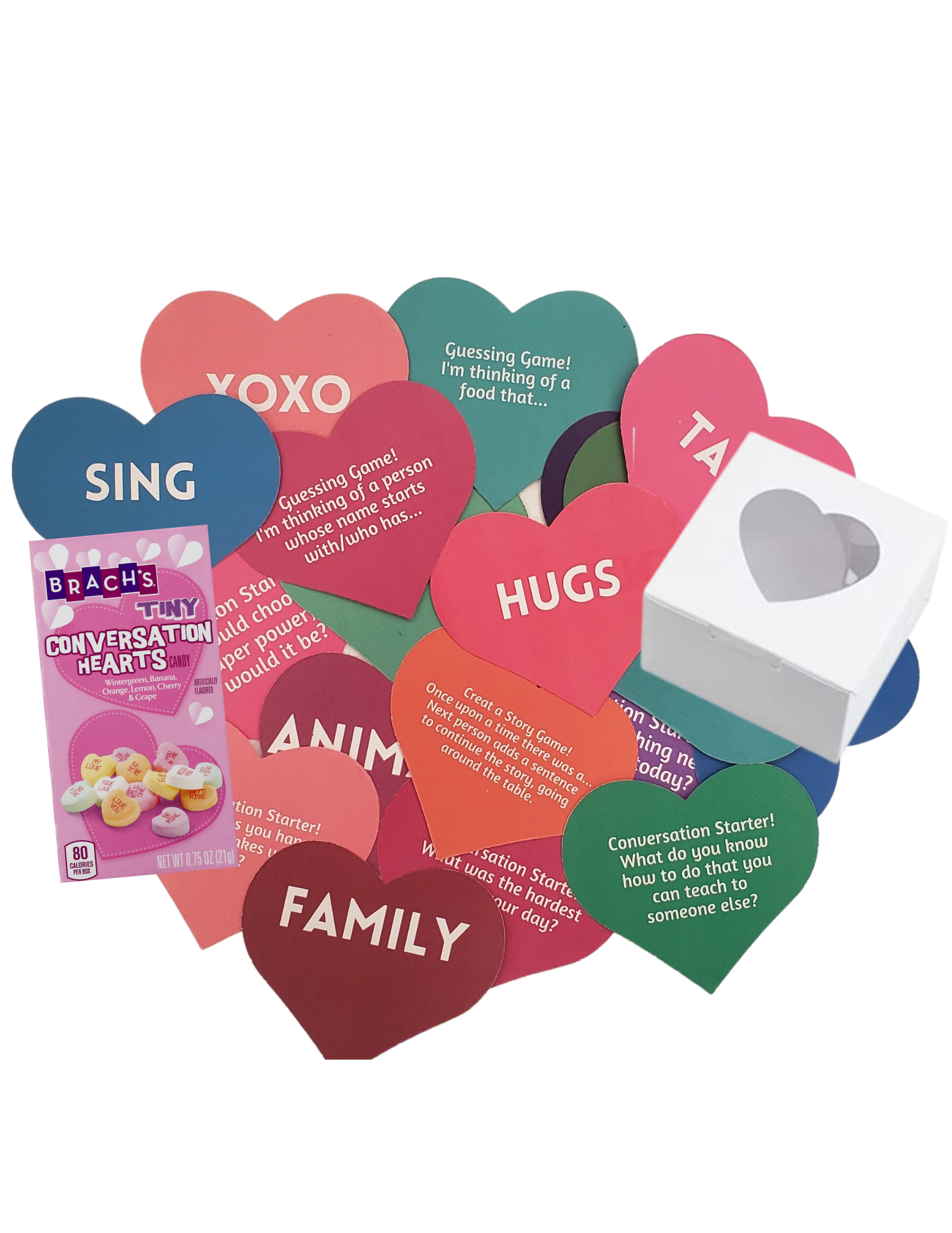 Paper hearts with questions, heart box, conversation hearts candy box