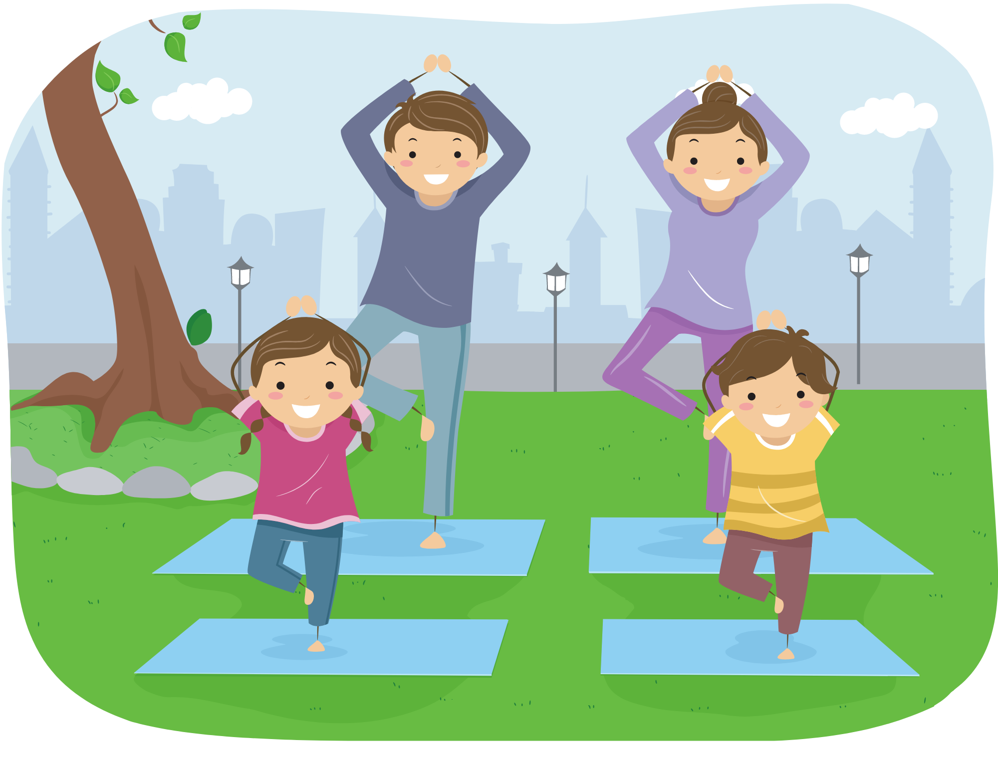 Family of four doing tree pose outside