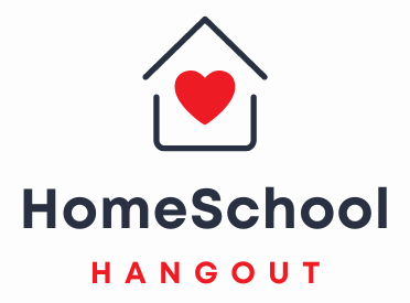 An outline of a house, with a red heart in the center of it. The words HomeSchool Hangout underneath.