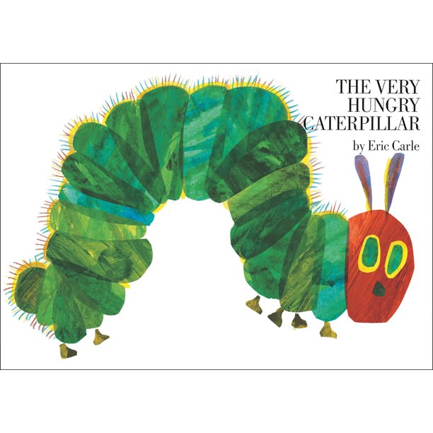 Cover of the book The Very Hungry Caterpillar by Eric Carle, with a collage green caterpillar with a red head.
