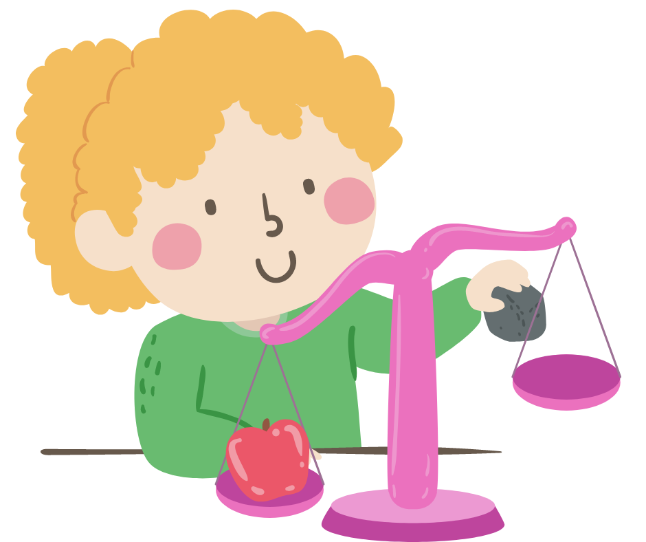 Blonde child weighing an apple and plum on a balance scale.