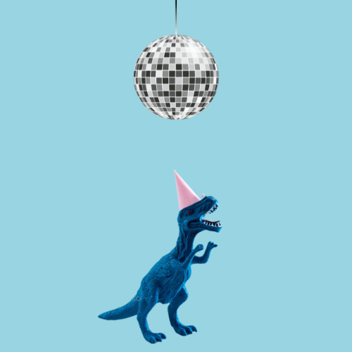 Blue dinosaur wearing a pink party hat, under a disco ball.