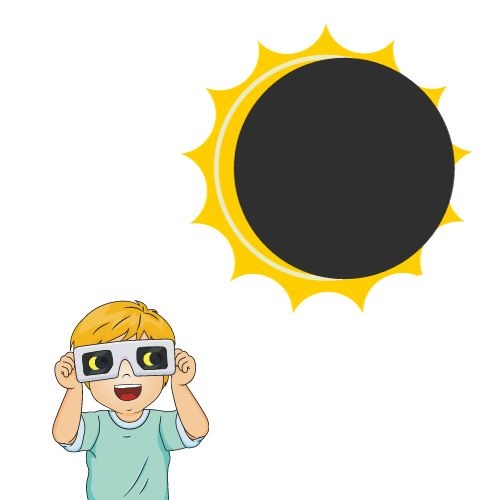 drawing of a child watching an eclipse while wearing safety glasses