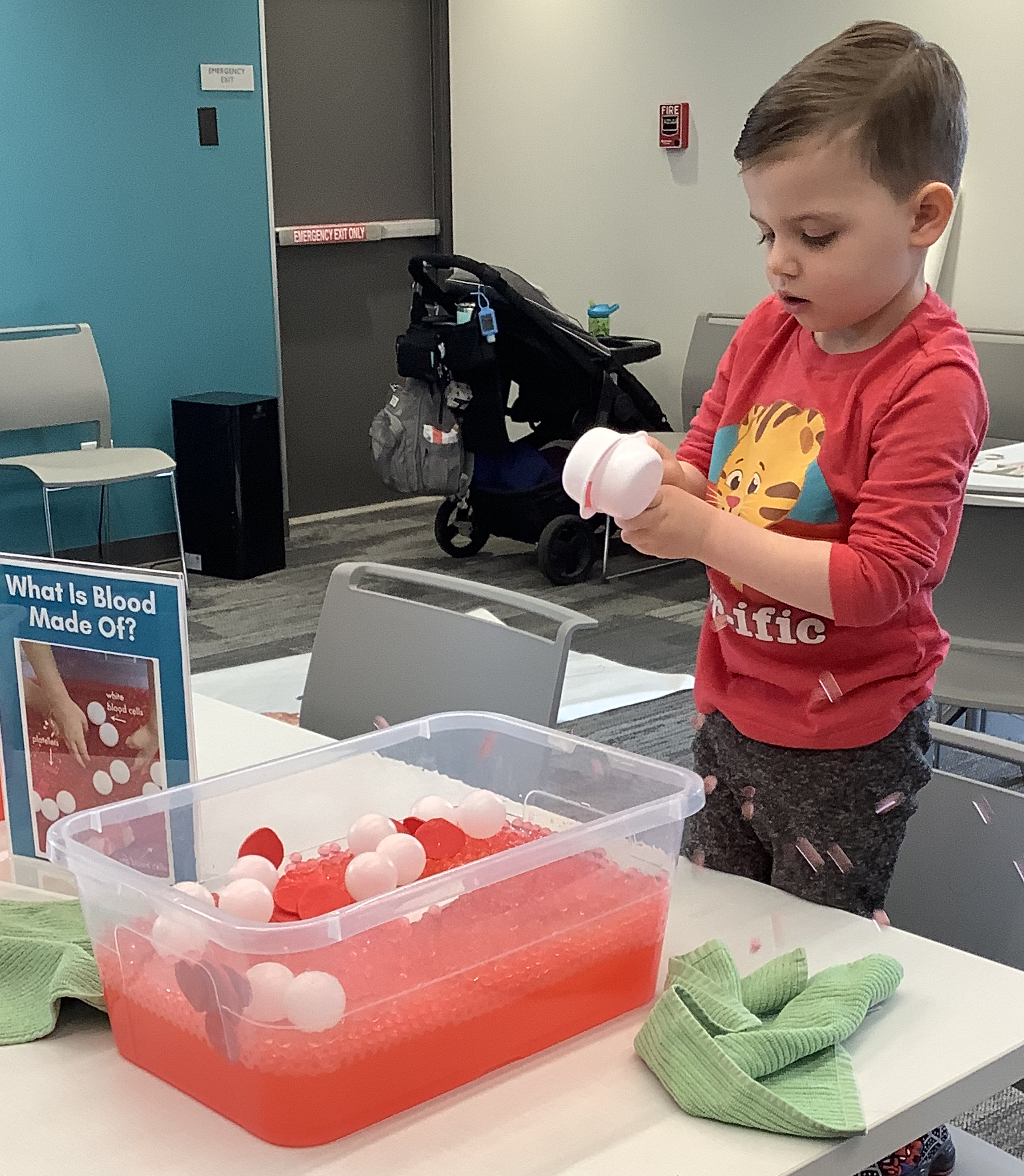 Child examining a water bead sensory bin made to represent blood cells.