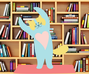 cartoon cat stretching on yoga mat in front of bookshelves