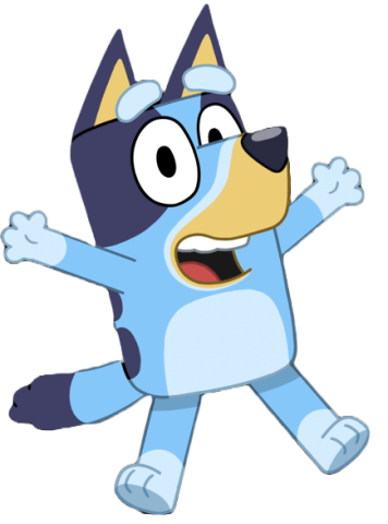 Bluey character with arms and legs outstretched, looking excited