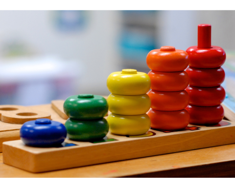 Colored counting rings on spindle toy - from one to five rings.