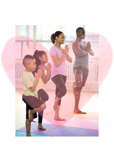 Black family of four in tree pose, with pink heart in background.