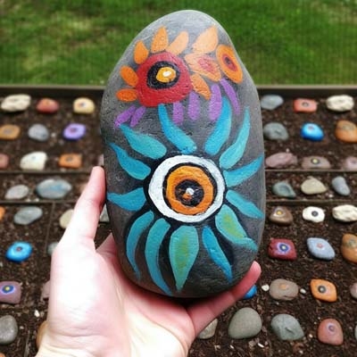 Painted rock with red and blue flowers