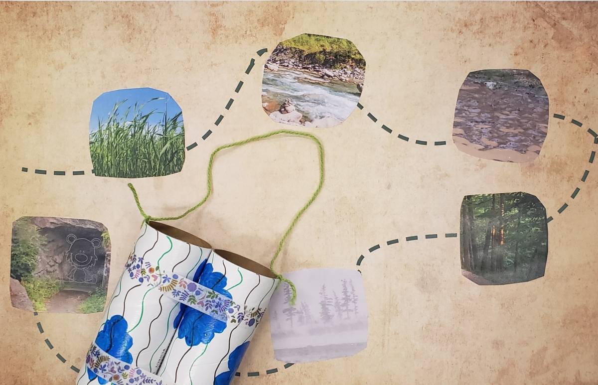 Binoculars made from two paper tubes, yarn, and washi tape. Map with cut out pictures of grass/river/mud/forest/snow/cave.